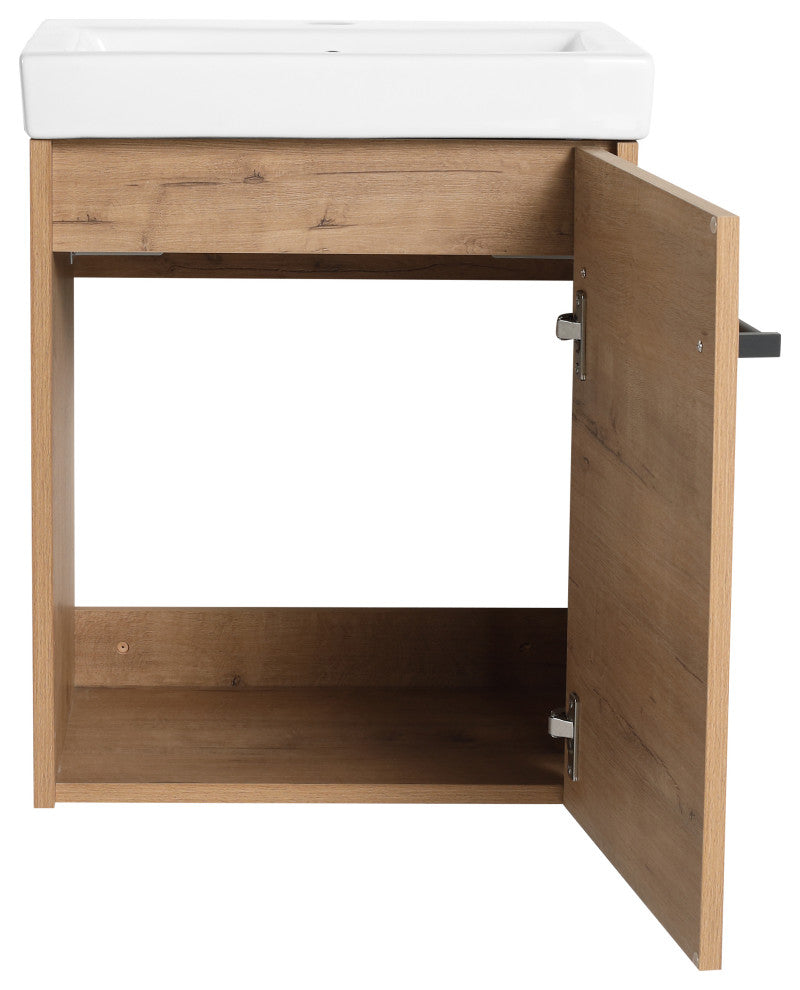 GDF Studio 18" Wall-Mounted Vanity, Ceramic Sink, Imitative Oak