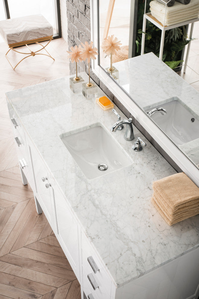 Addison 60" Single Vanity Cabinet, Glossy White, Glossy White, Eternal Jasmine Pearl, Three-Hole