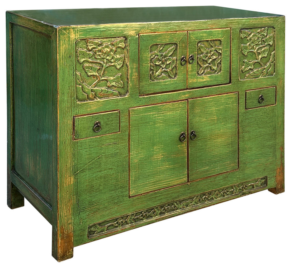 Oriental Distressed Lime Green Floral Carving Credenza Storage Cabinet