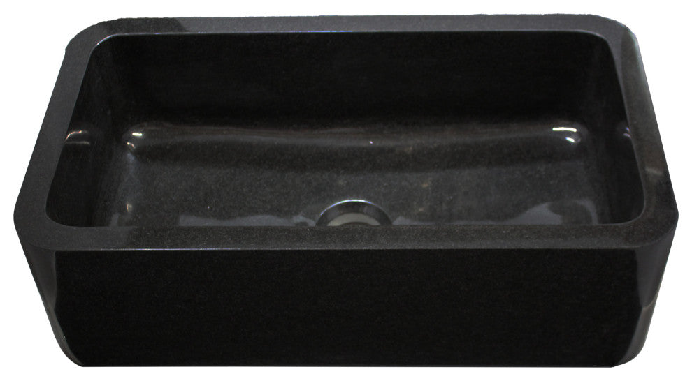 Single Bowl Kitchen Sink, Black Granite With Natural Chiseled Apron