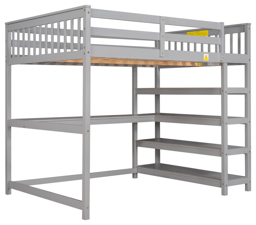 Gewnee Full Size Loft Bed with Storage Shelves and Under-bed Desk