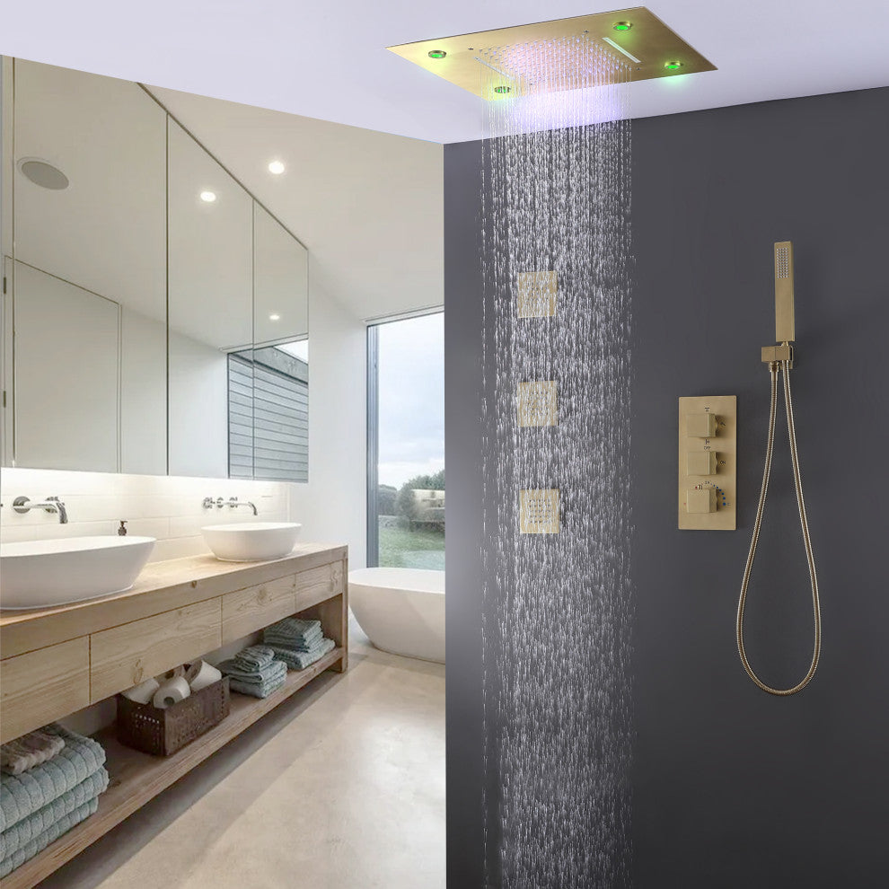 Thermostatic Shower System With Multi Function LED Shower Head, Brushed Gold