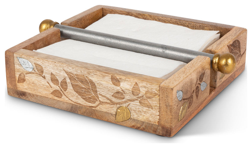 Mango Wood With Laser and Metal Inlay Leaf Design Napkin Holder