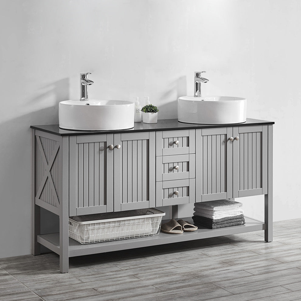 Modena 60" Double Vanity With Glass Countertop With White Vessel Sink No Mirror