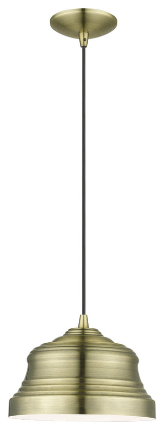 Endicott 1-Light Antique Brass Bell Pendant, Shiny White Inside