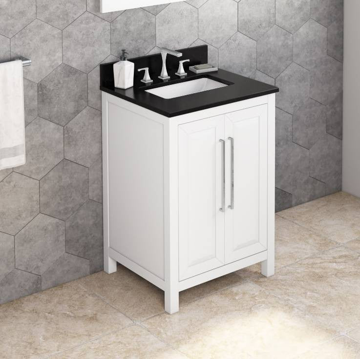 Cade Transitional 24" White Bathroom Vanity, Black Granite Vanity Top