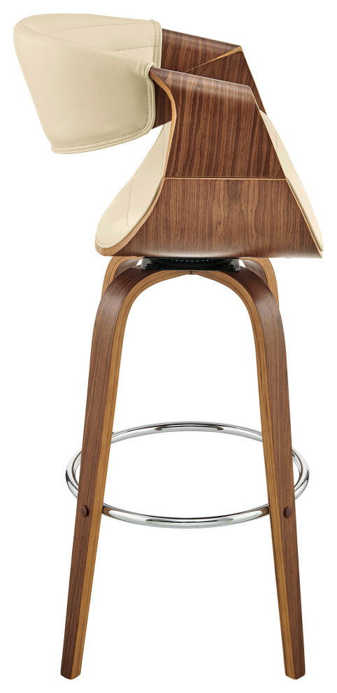 30" Cream Faux Leather and Walnut Wood Retro Chic Bar Stool
