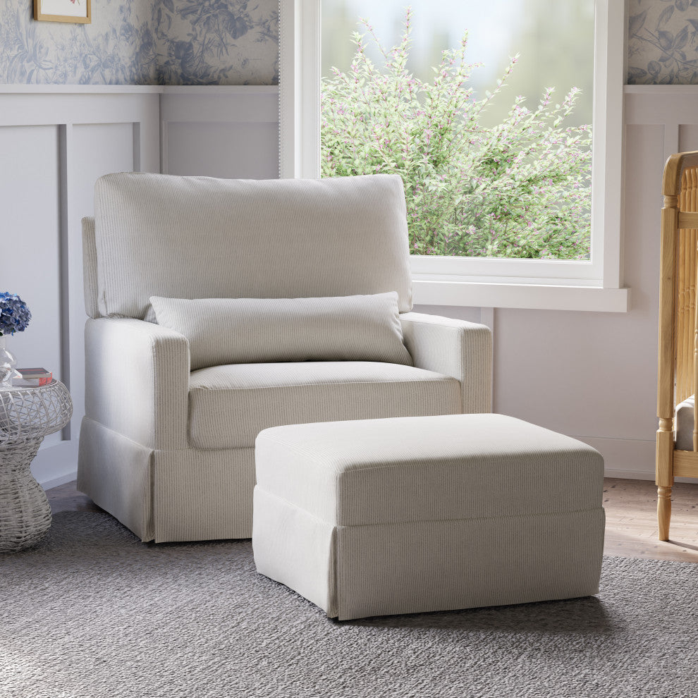 Crawford Pillowback Chair and a Half Comfort Swivel Glider, Fog Chatham Stripe Performance Eco-Weave