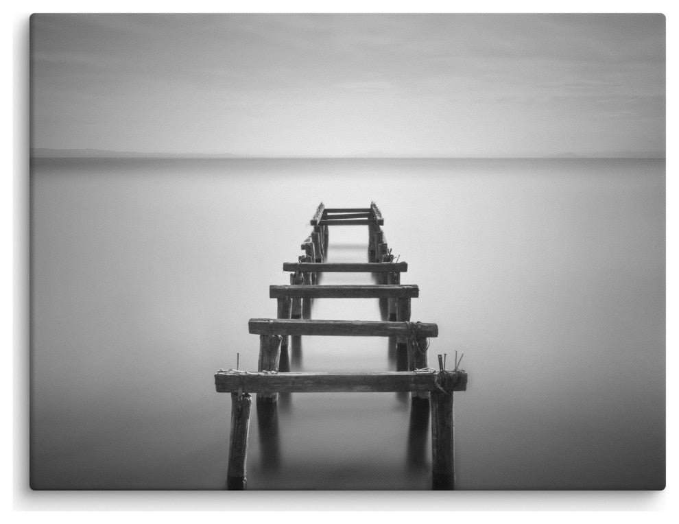 Soft Lake and Abandoned Pier Black and White Landscape Photo Canvas Art Print, 18" X 24"