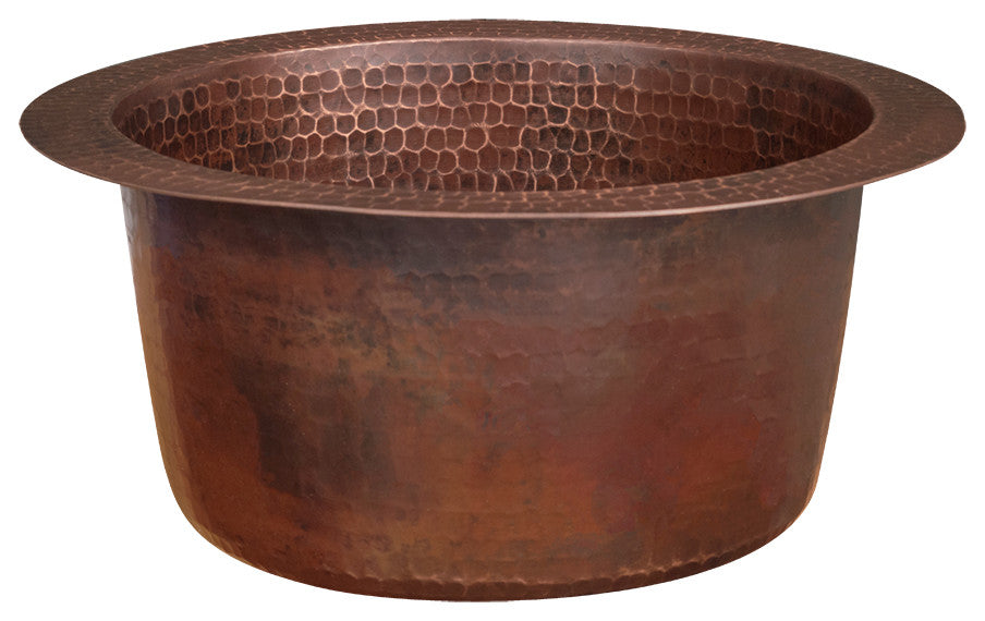 10" Round Hammered Copper Bar Sink, 2" Drain Opening, Drain & Accessories