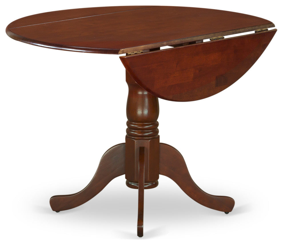 5Pc Dining Set, Round Table, Drop Leaves, Four Linen Seat Chairs, Mahogany