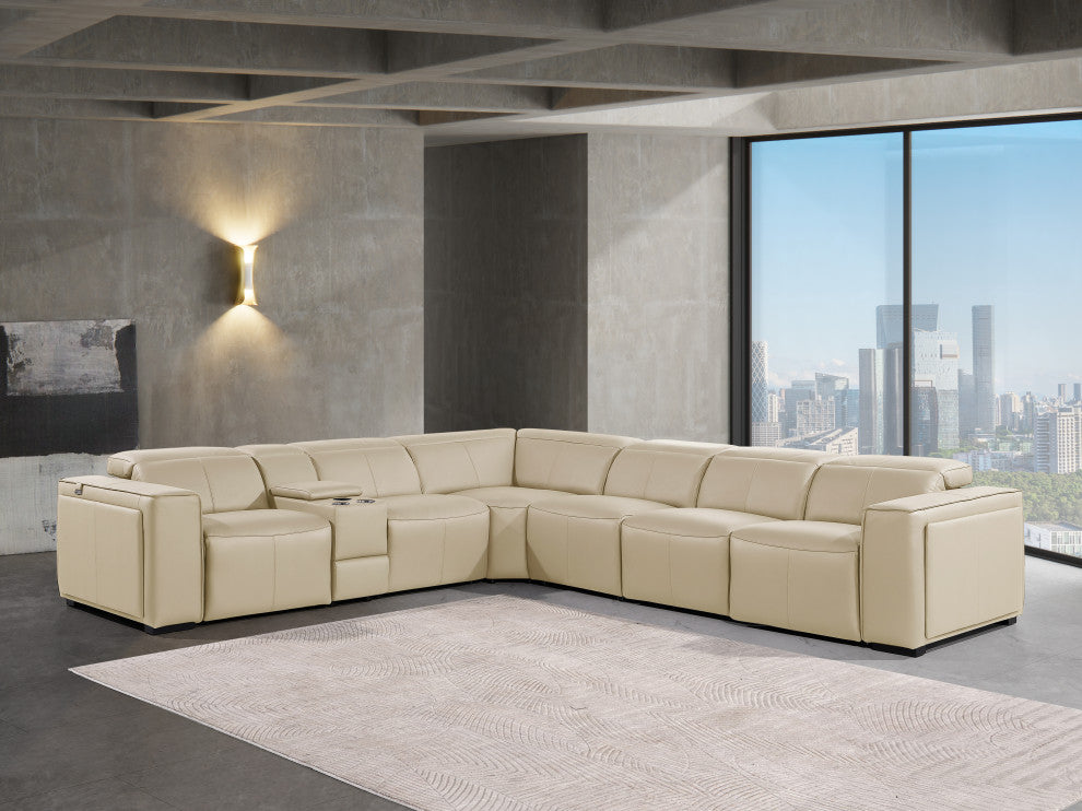 Niccolo Italian Leather 7-Piece L-Shaped Power Reclining Sectional, Beige
