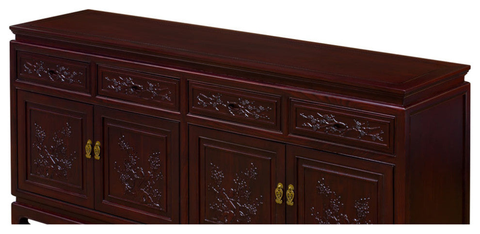 Dark Cherry Elmwood Bird and Flower Motif Oriental Sideboard