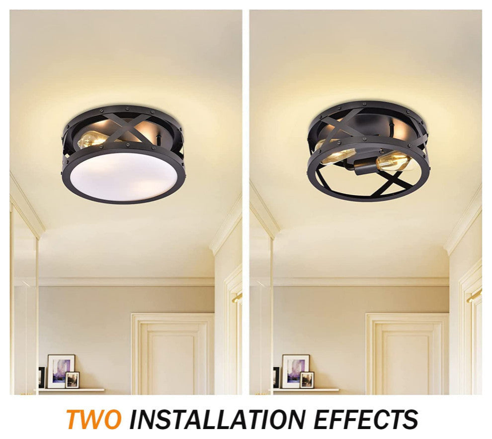 12 inch light round ceiling light fixture 2 light black cage Close to Ceiling