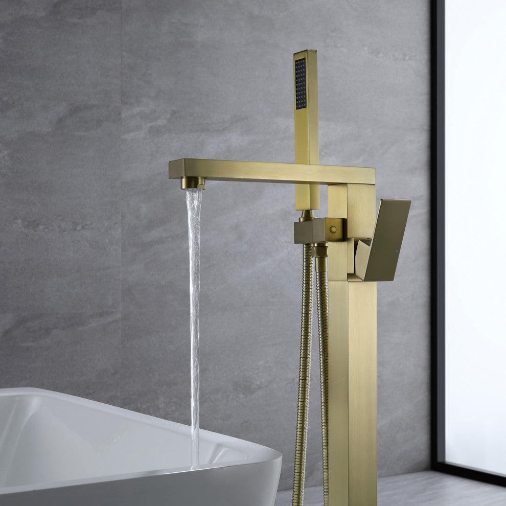 Freestanding Bathtub Faucet, Floor Mounted Tub Faucets With Hand Shower, Brushed Gold