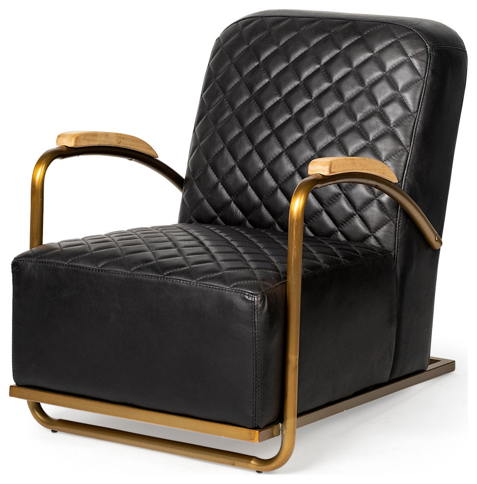 Horace I Black Leather Diamond Pattern With Gold Iron Frame Accent Chair