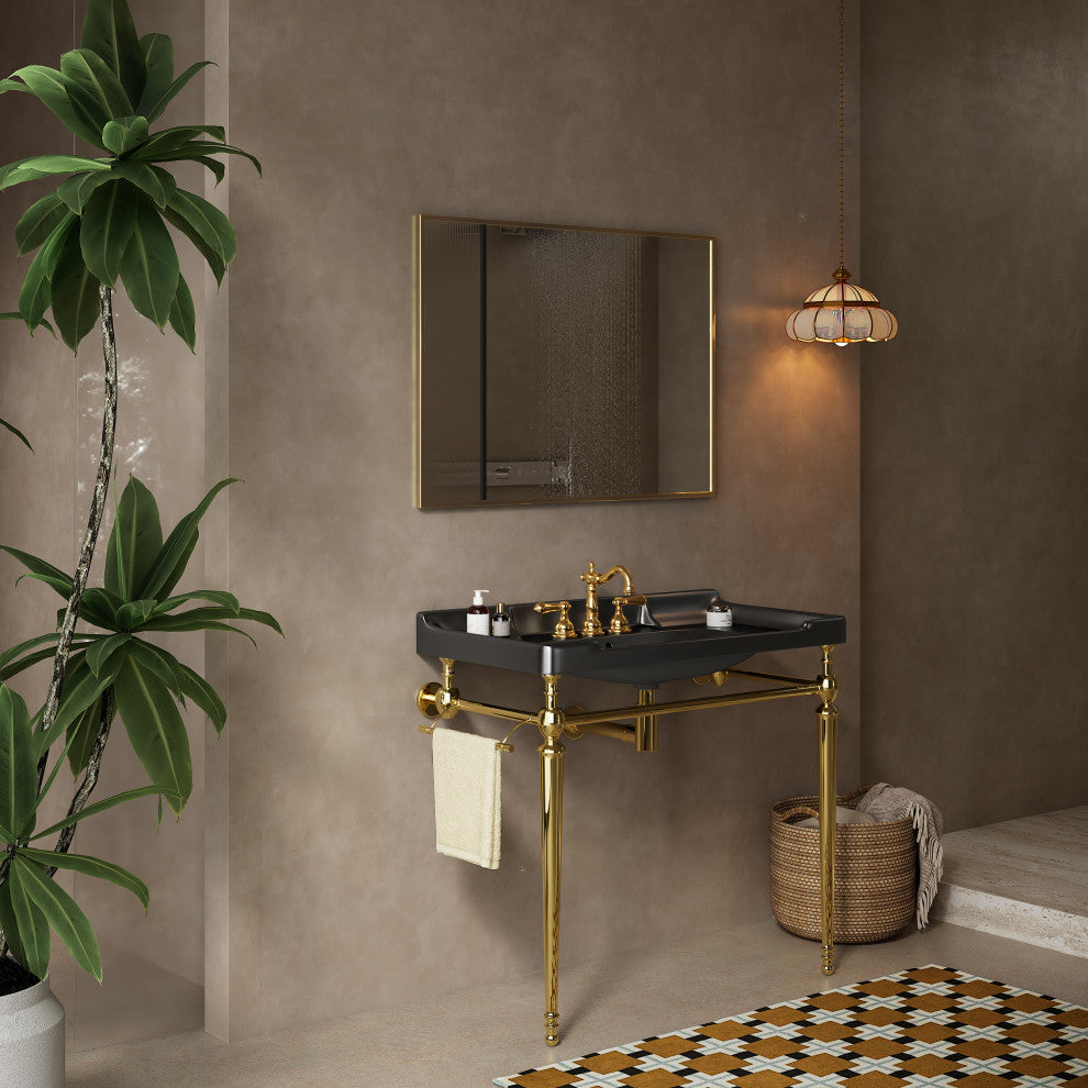 Wall-Mounted Black Ceramic Vanity Basin with Stainless Steel Support Legs, Gold