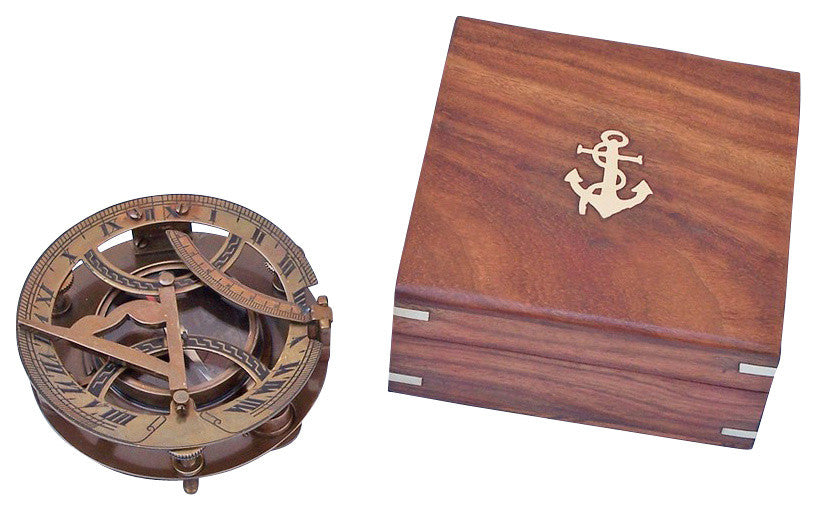 Round Sundial Compass With Rosewood Box, Antique Brass, 6"