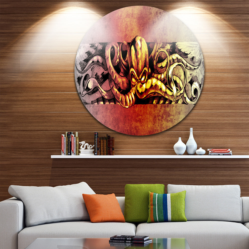 Octopus Sketch In Yellow Shade, Animal Digital Disc Metal Artwork, 11"