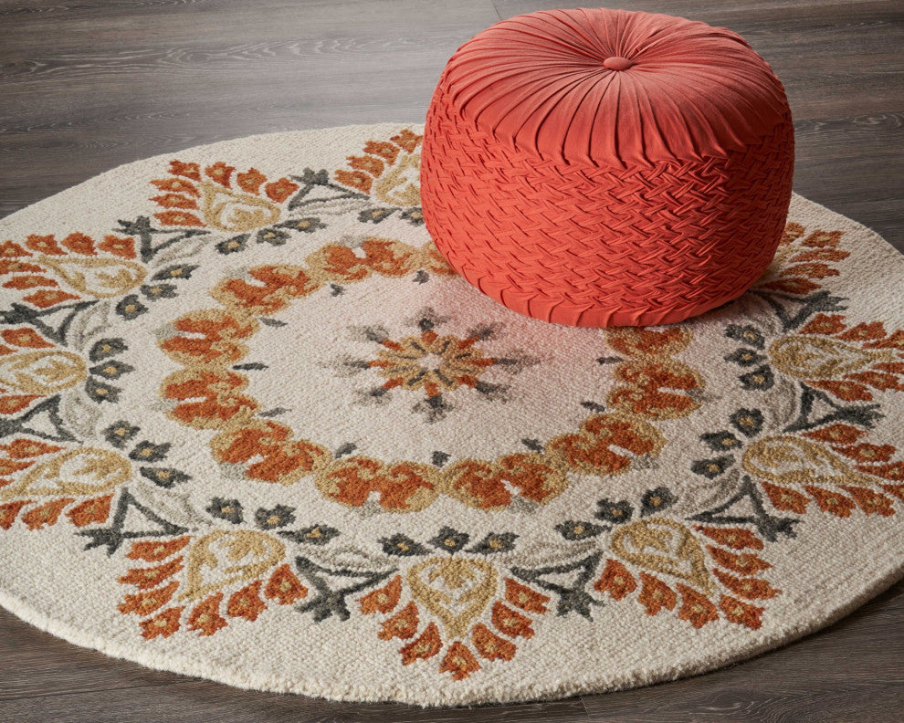 6" Round Orange Boho Medallion Area Rug