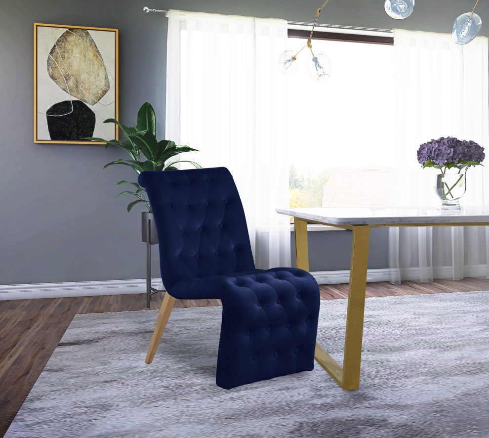 Curve Button Tufted, Fabric Upholstered Dining Chair, Set of 2, Navy Velvet