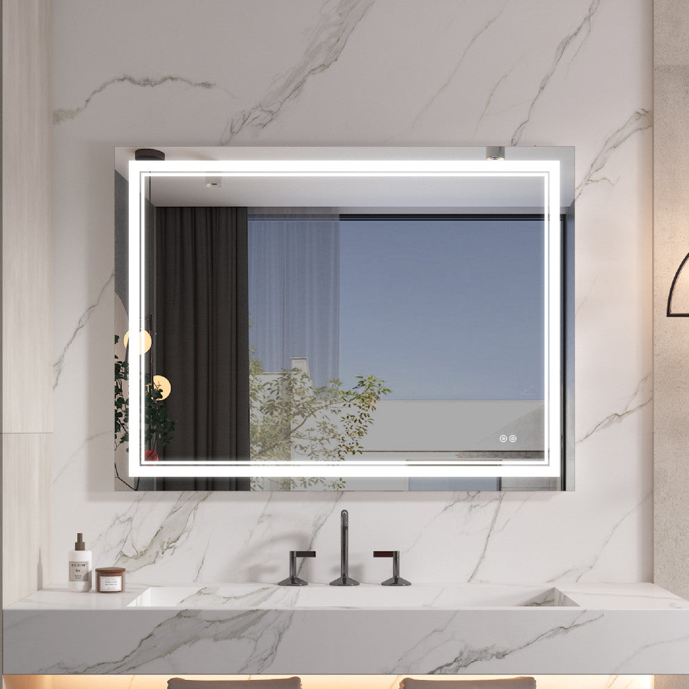 Frameless LED Lighted Bathroom Mirror With Defogger Dimmer, 48"x36"
