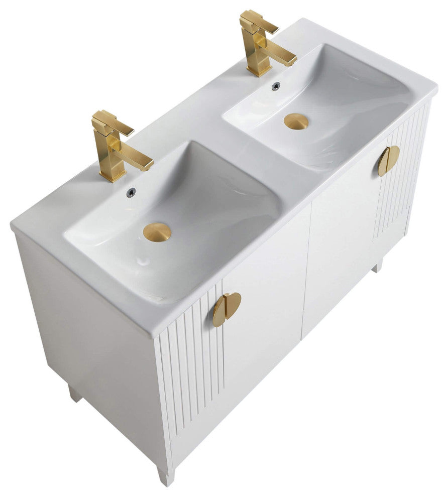 Venezian Single Bathroom Vanity, White, 48", Satin Brass Handles, Two Sinks