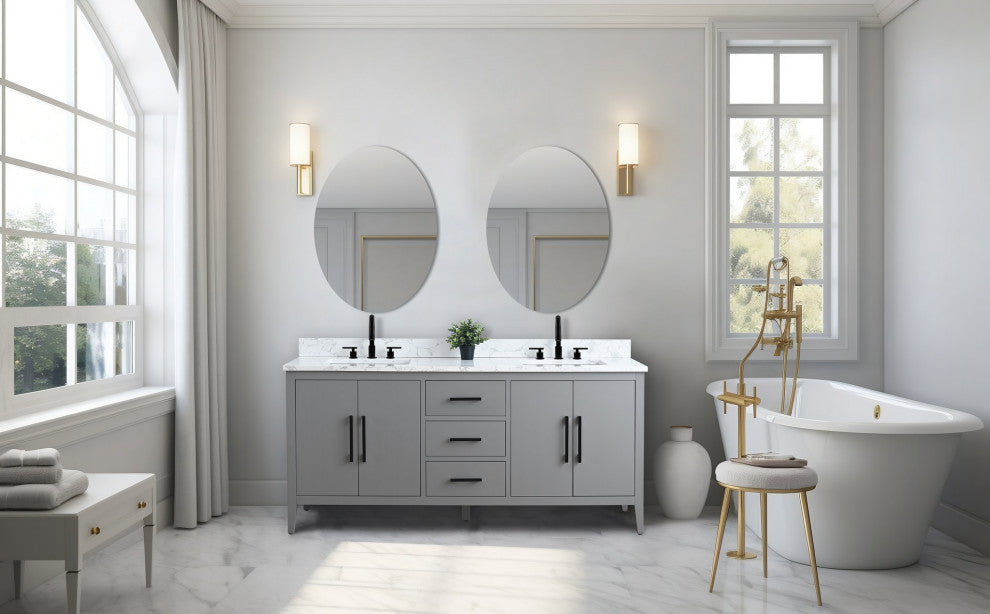 Vanity Art Bathroom Vanity With Sink, Cashmere Gray, 72", Double Sink, Matte Black