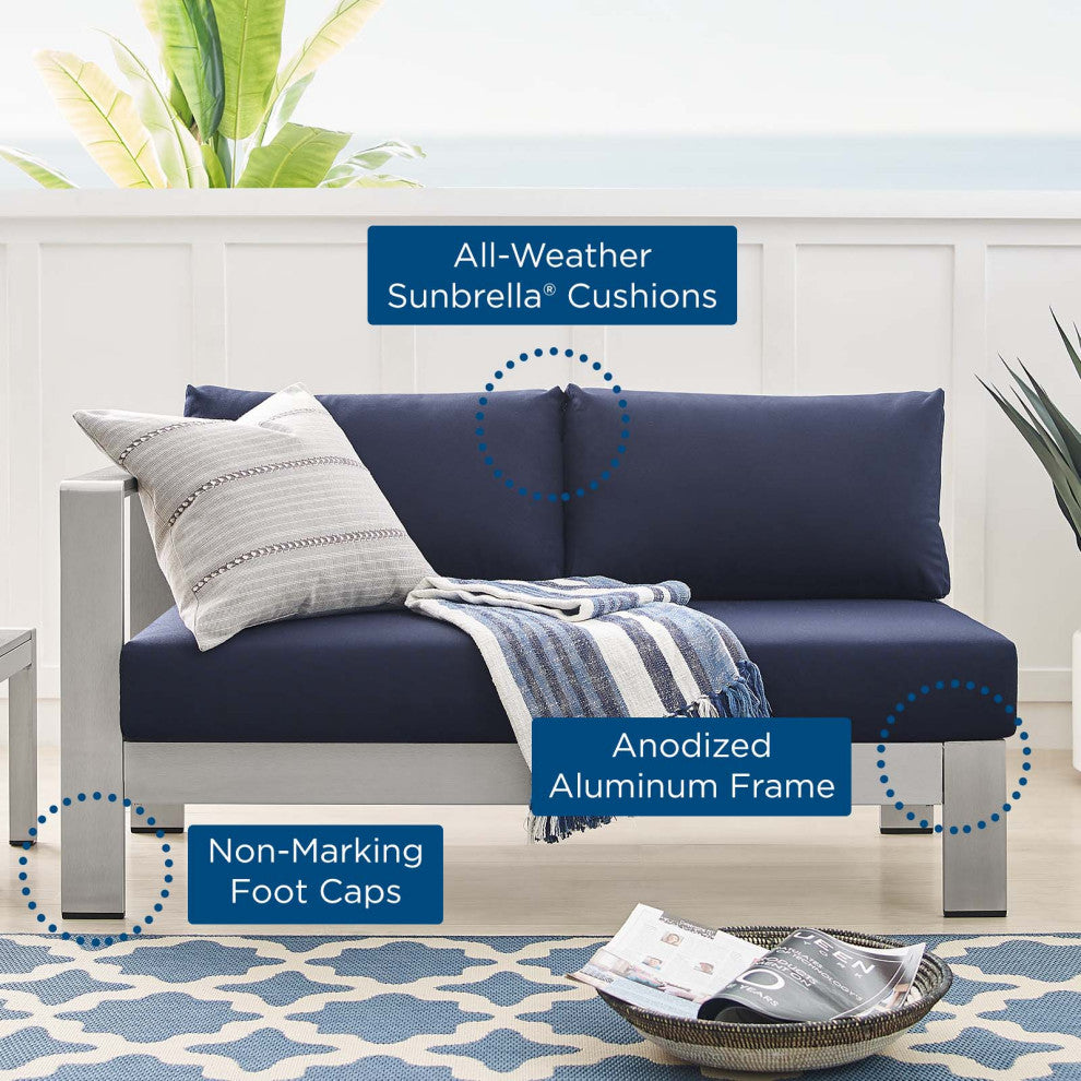 Lounge Loveseat Sofa, Sunbrella, Fabric, Aluminum, Silver Blue Navy, Outdoor
