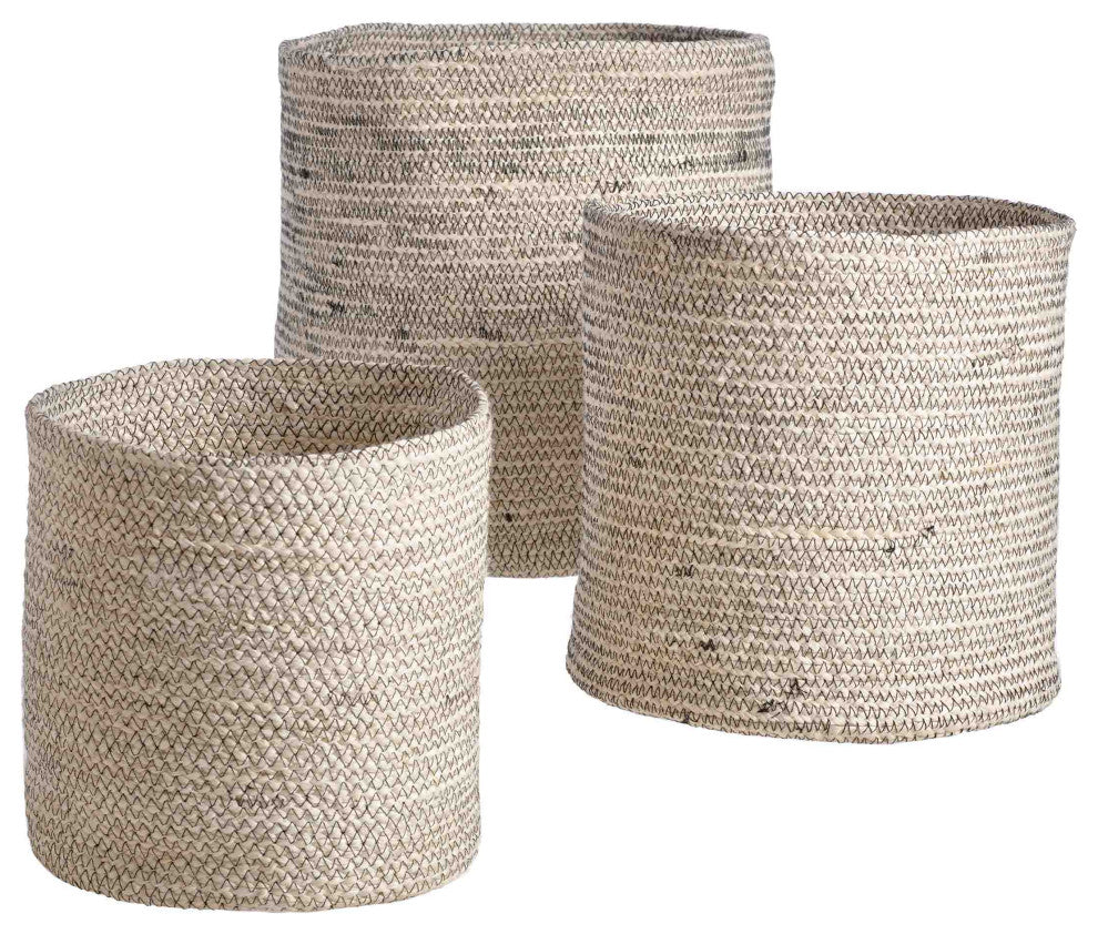 Melia Woven Jute Round Basket Set of 3 White and Black