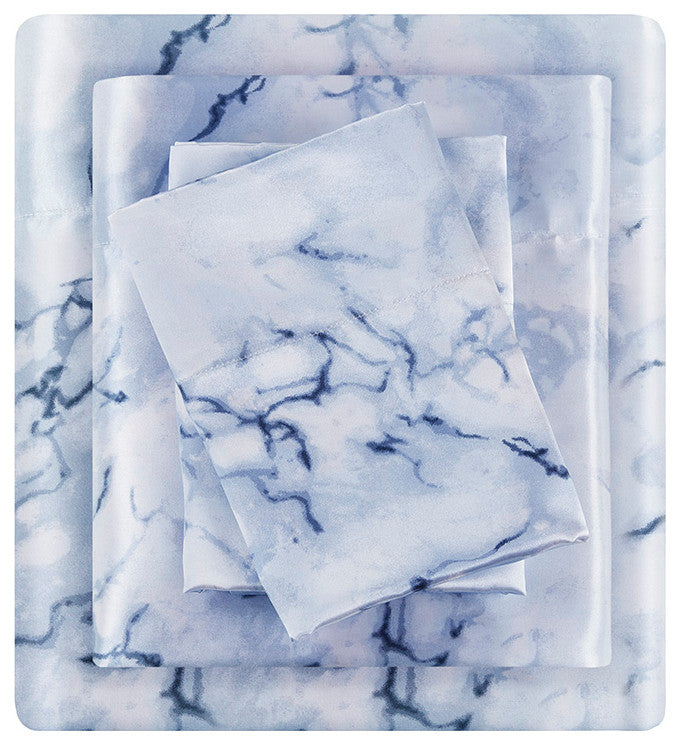 Madison Park Essentials Printed Satin Sheet Set, Queen Blue Marble