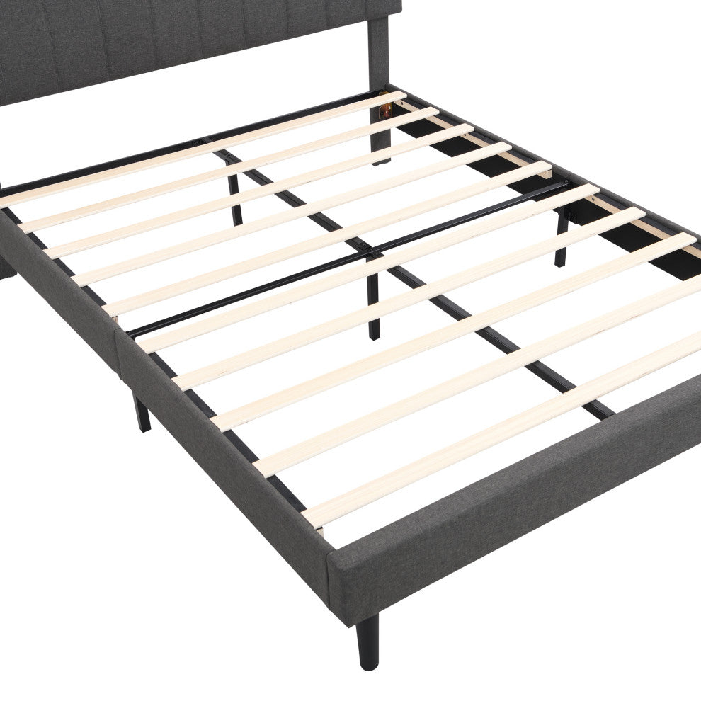 TATEUS Upholstered Platform Bed With Storage Headboard and USB Port, Gray, Queen