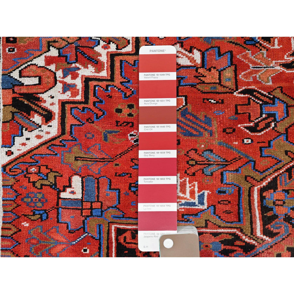 Imperial Red Pure Wool Hand Knotted Semi Antique Persian Heriz Rug 9'8"x13'