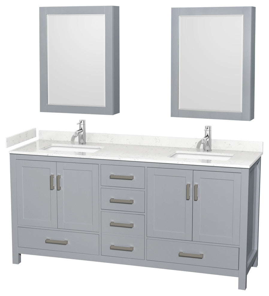 72"DBL Vanity Gray, Carrara Cult. Marble Countertop, Sinks, Med. Cabinets