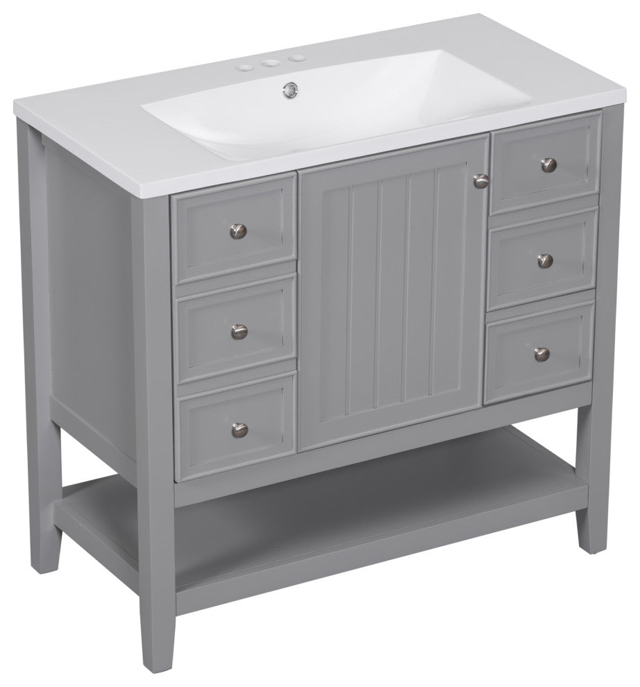 36 Inch Freestanding Bathroom Vanity Set in Blue with Drawers and Ceramic Sink, Grey