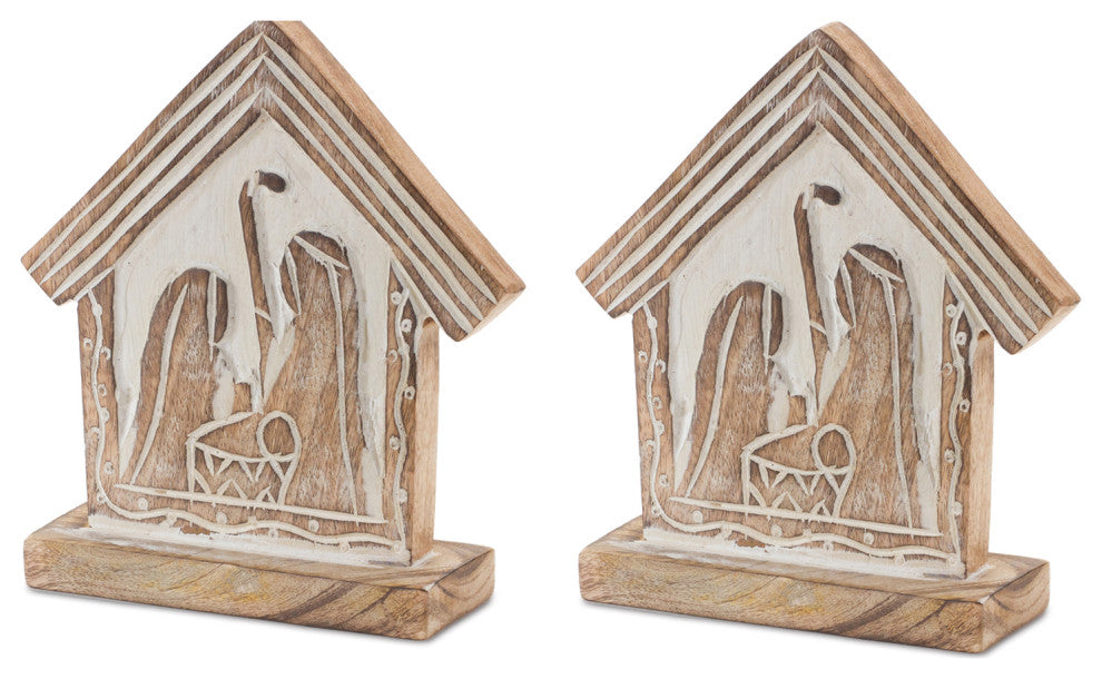 Wood Carved Nativity Barn, Set of 2