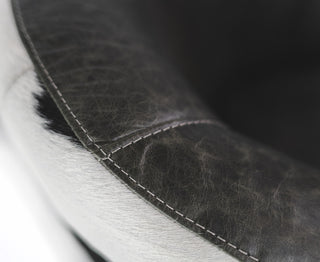 Leather Barrel Chair on Cowhide Accents, Black/White