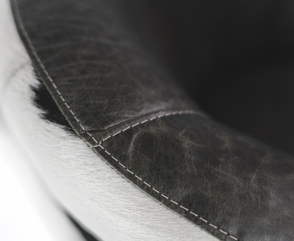 Leather Barrel Chair on Cowhide Accents, Black/White