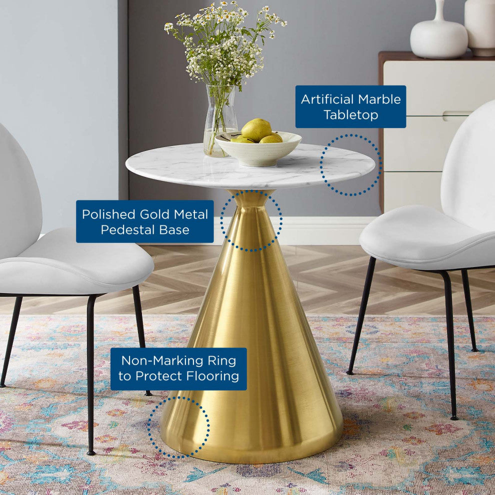 Dining Table, Round, Artificial Marble, Metal, Gold White, Modern, Cafe Bistro
