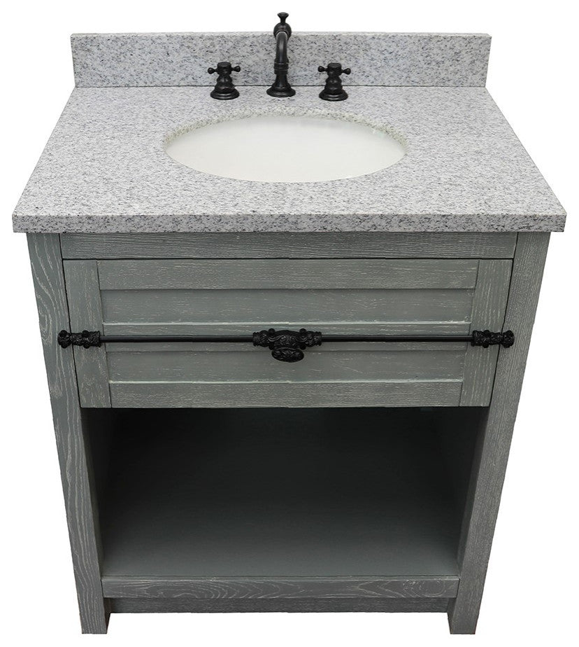 30" Single Vanity, Gray Ash, Gray Granite Top, Oval Sink