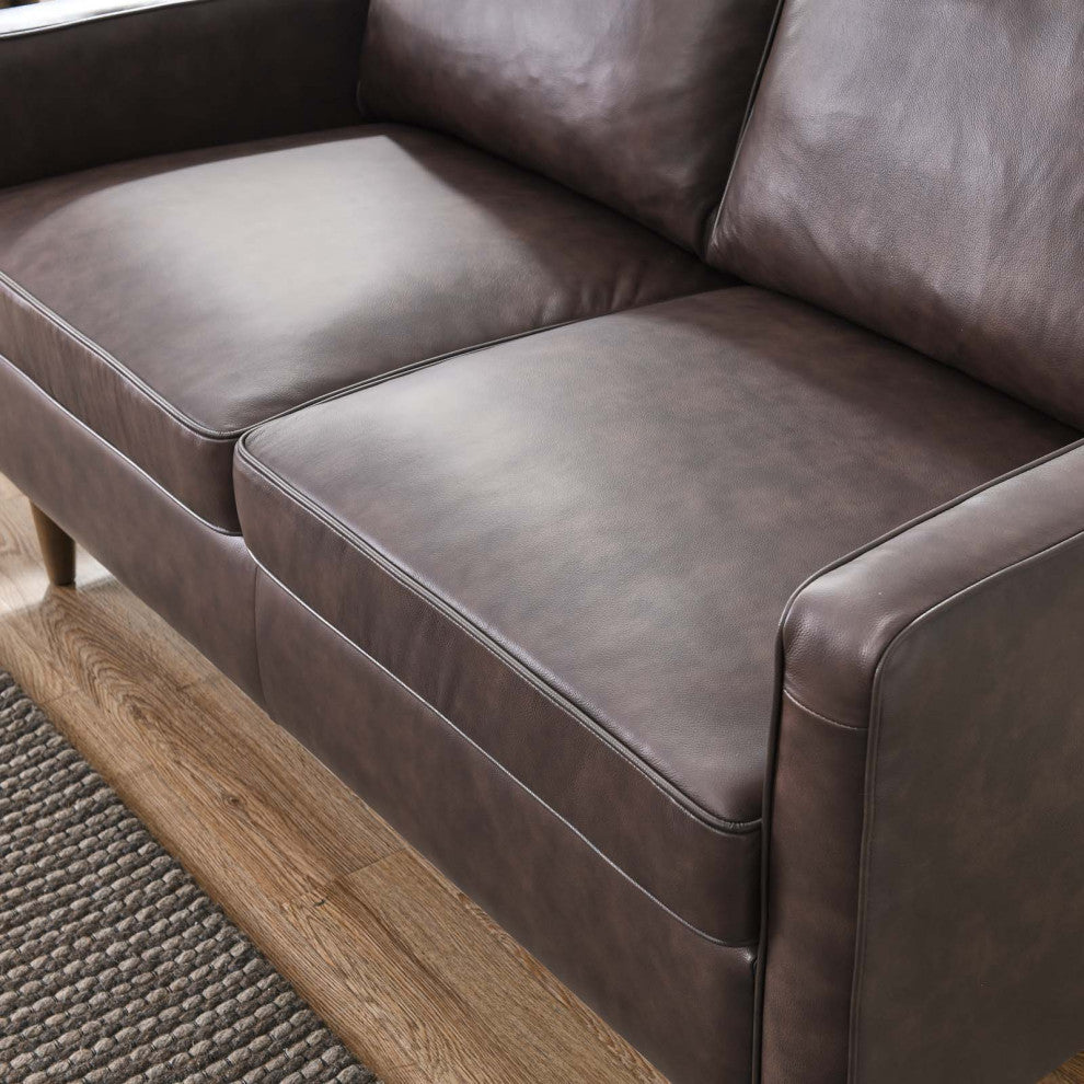 Loveseat Sofa, Brown, Leather, Modern, Mid Century Hotel Lounge Cafe Lobby