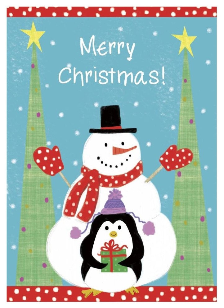 "Snowman and Penguin Friends Flag" Digital Paper Print by Farida Zaman, 23"x32"
