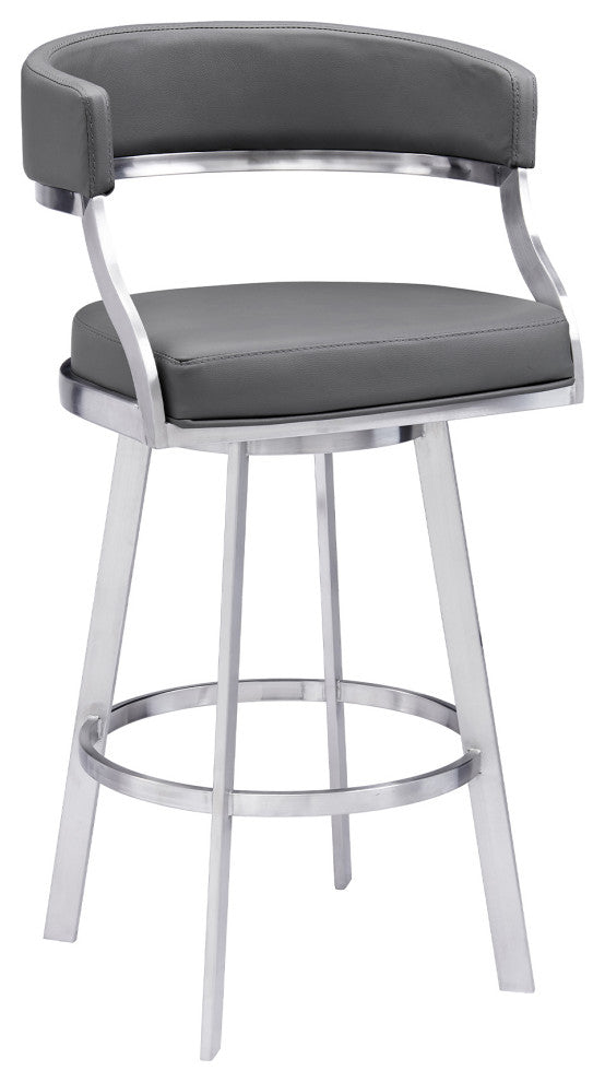 Saturn Swivel Metal and Faux Leather Bar Stool, Gray, 30"