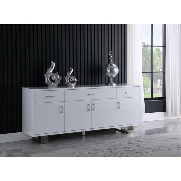 Large Sideboard, Multiple Cabinet & Drawers, Great for Storage, White/Chrome