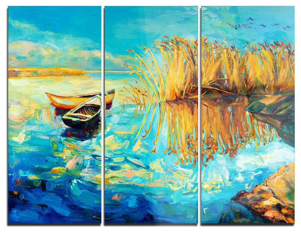 "Colorful Lake With Boats" Metal Wall Art, 3 Panels, 36"x28"