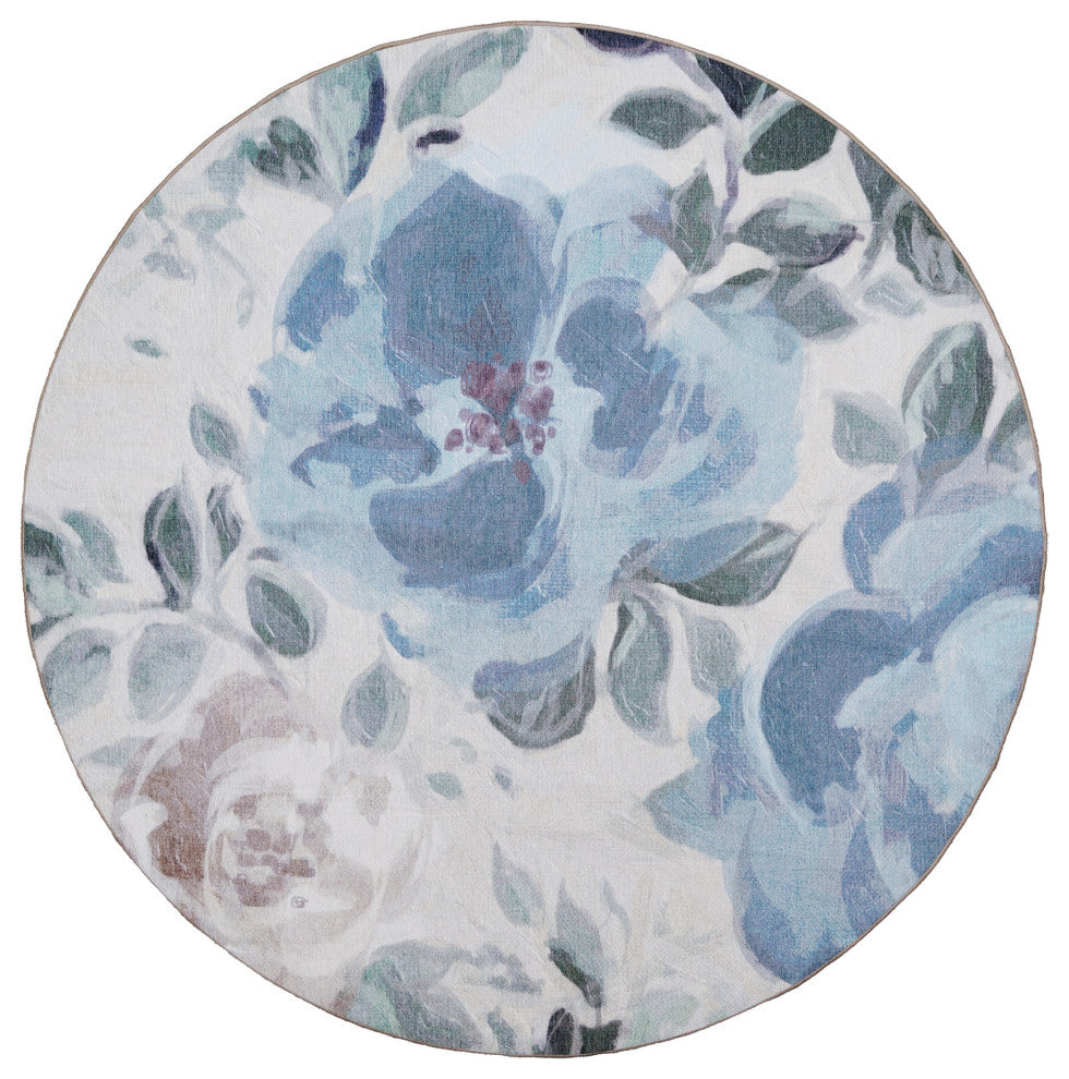 My Magic Carpet Washable Rug Sasha Floral Cream Blue, 6' X 6'