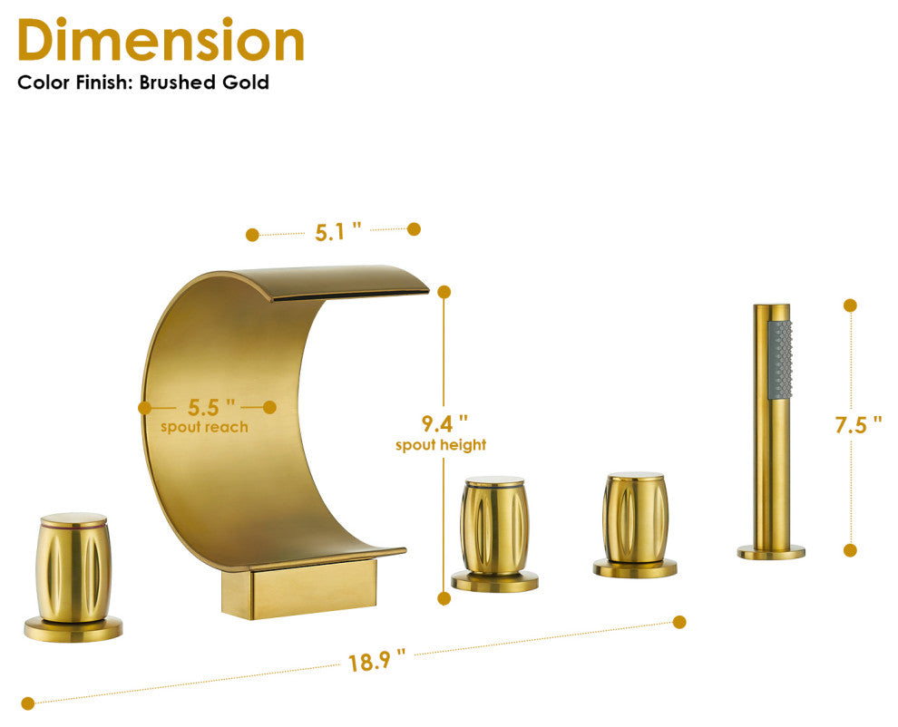 Recea Triple Handle Deck-Mount Roman Tub Faucet With Diverter and Handshower, Brushed Gold