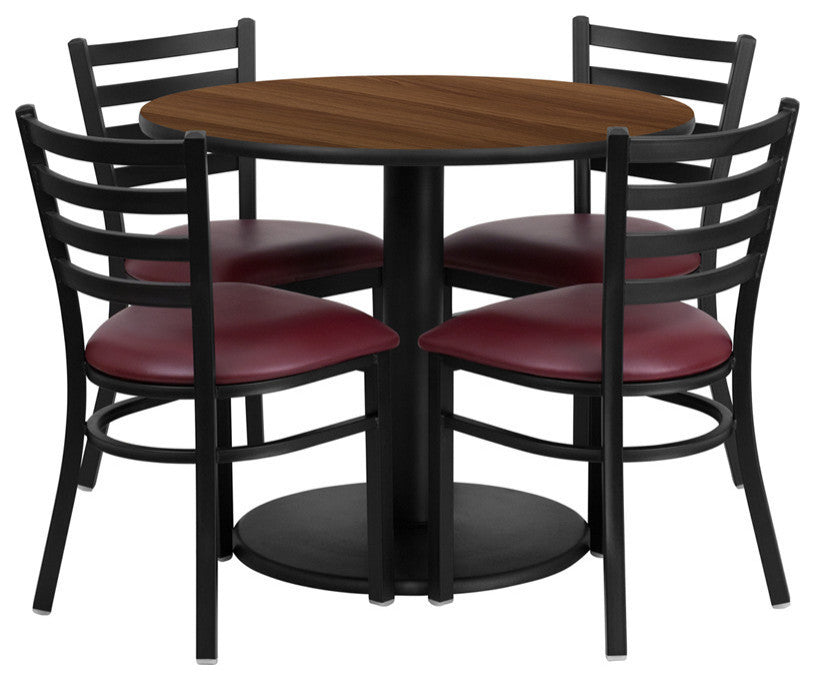 36" Round Natural Laminate Table Set With 4 Ladder Back Chairs, Burgundy
