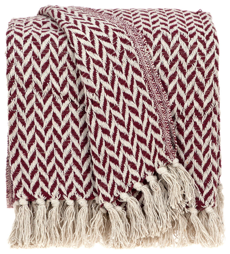 Burgundy Handloom Herringbone Weave With Tassels