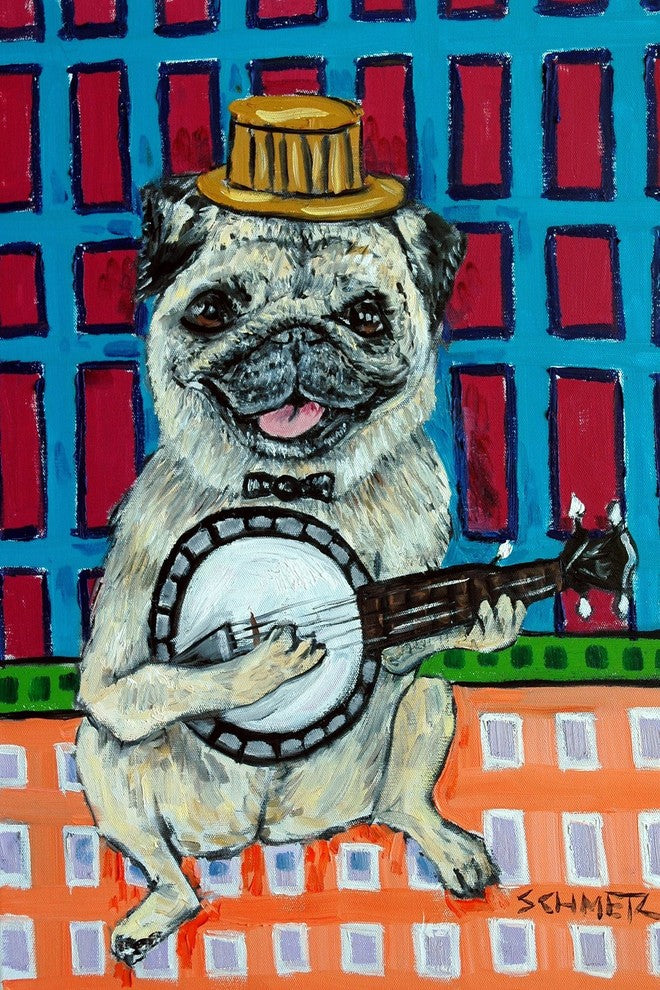"Pug Banjo" Painting Print on Wrapped Canvas, 30"x45"